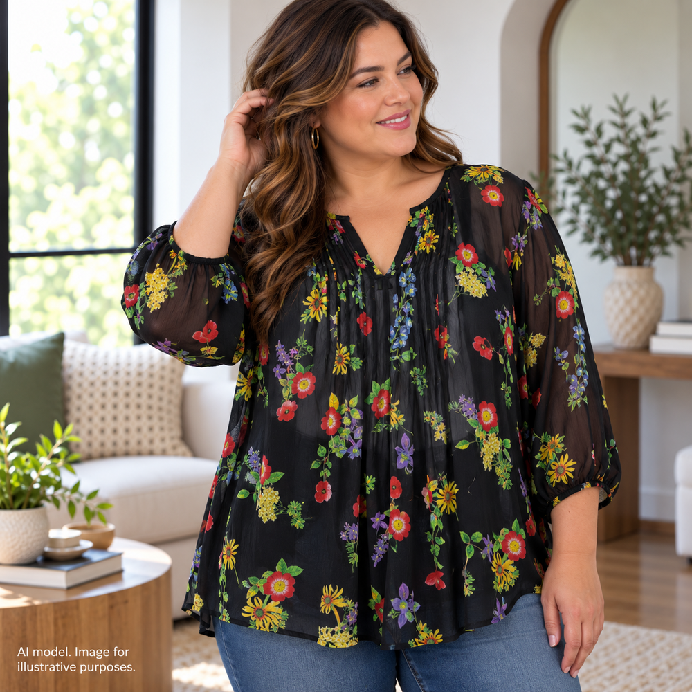 Torrid 1 Top Shirt Floral Women 1X Black Airy Sheer Pleated Ruched Boho Prairie